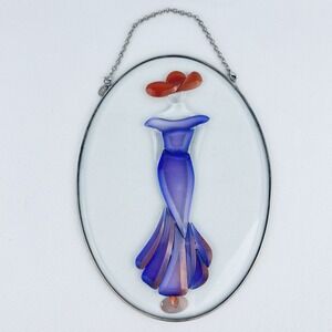 Amia Red‎ Hat Society Woman Lady Purple Dress Hand painted Glass Suncatcher Oval